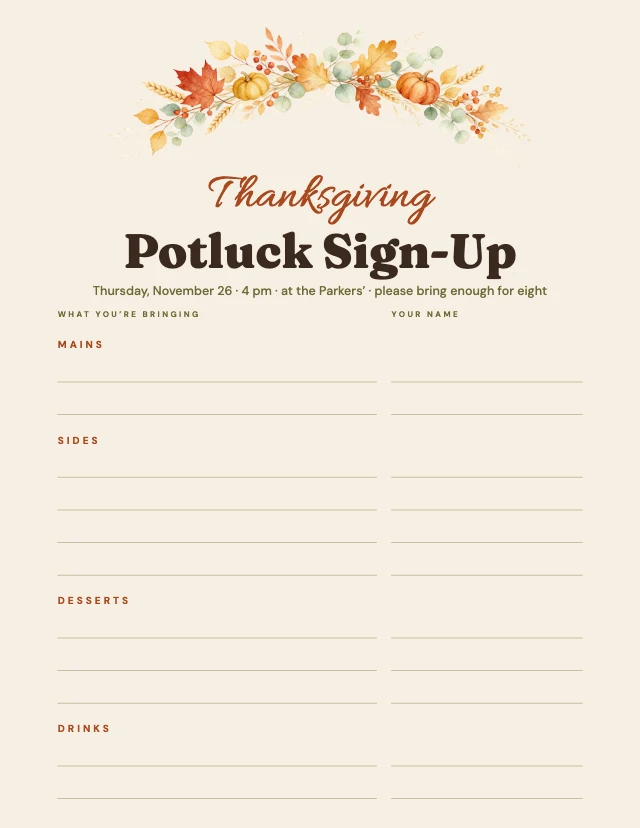 Potluck sign-up sheet template
