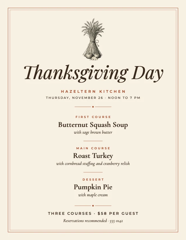 Thanksgiving prix fixe menu template