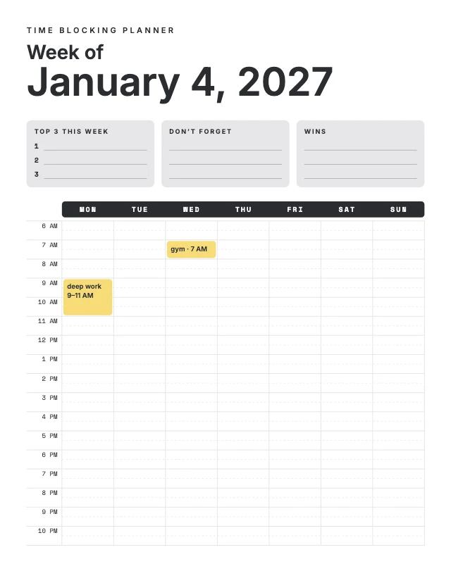Time blocking weekly planner template