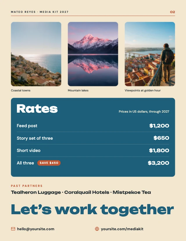 Travel creator media kit template, page 2 of 2