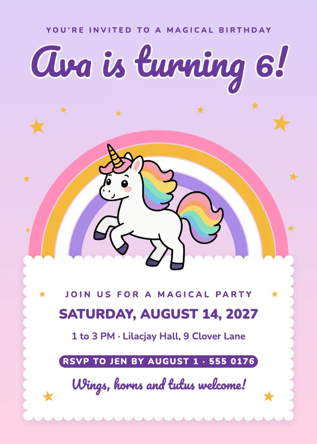 Unicorn birthday invitation template