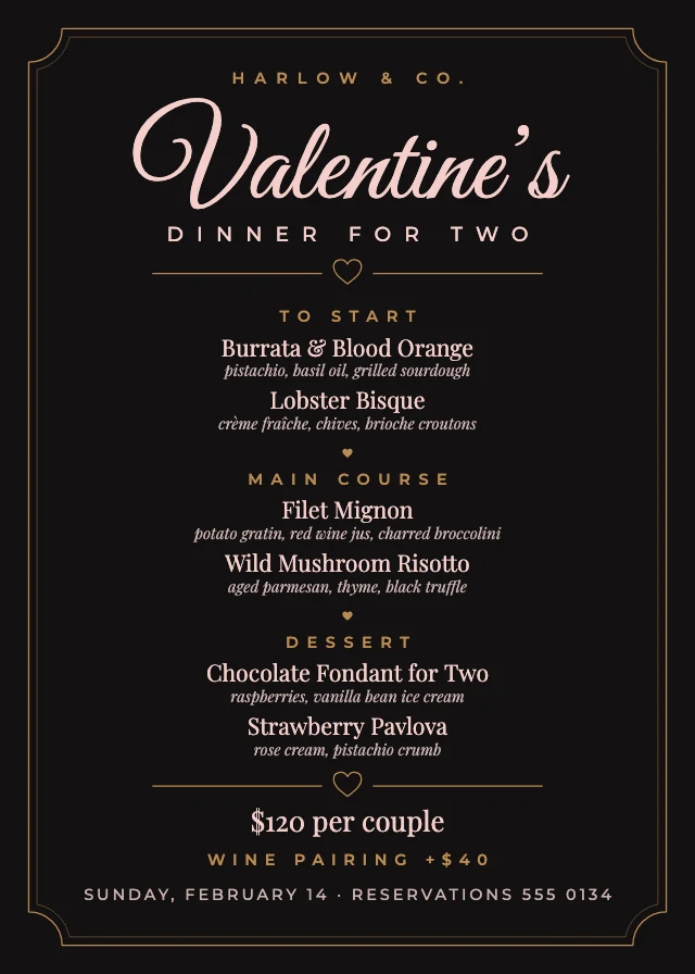 Valentine’s dinner menu template