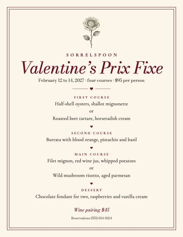 Valentine’s prix fixe menu template