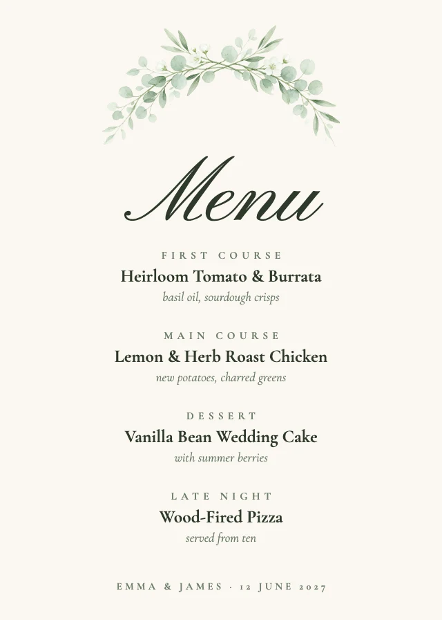 Greenery wedding menu template