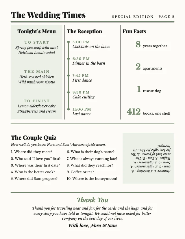Wedding newspaper program template, page 2 of 2
