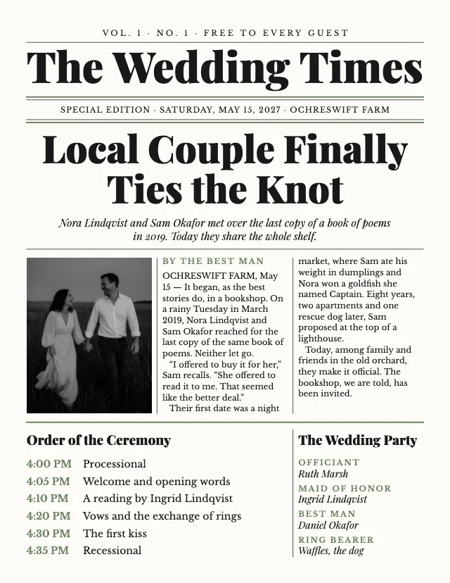 Wedding newspaper program template