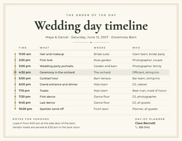 Wedding timeline for vendors template