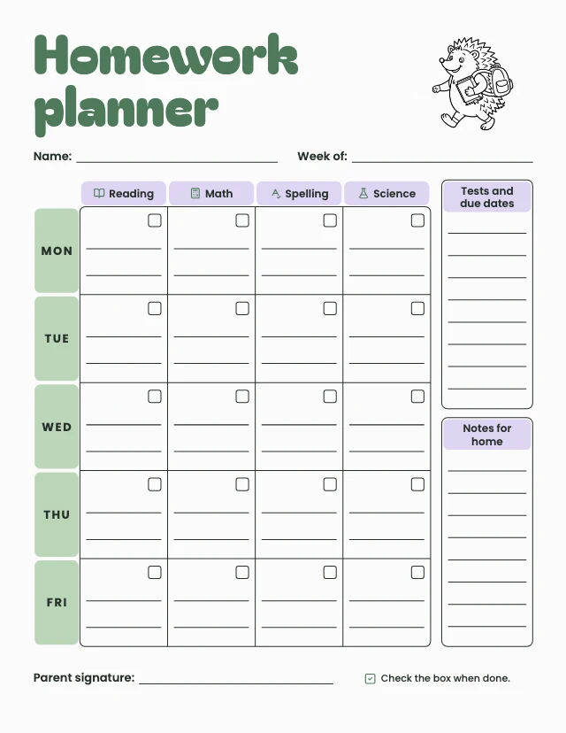 Weekly homework planner template