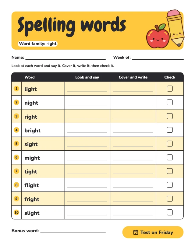 Weekly spelling list template