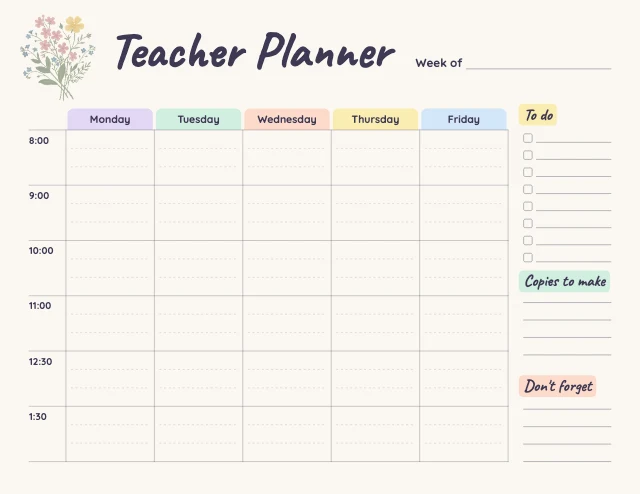 Weekly teacher planner template