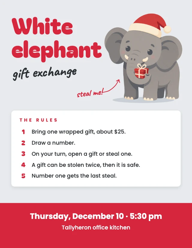 White elephant gift exchange flyer template
