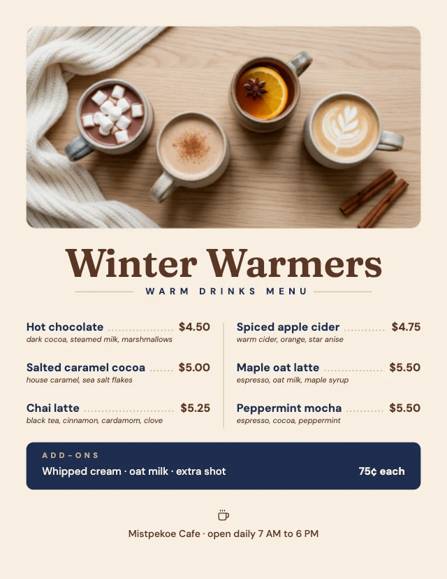 Winter drinks menu template