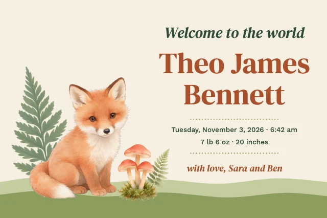 Woodland birth announcement card template