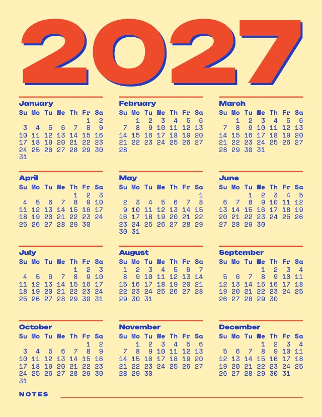 2027 year calendar template