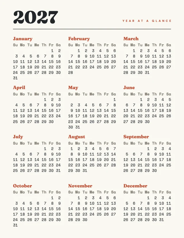 2027 year calendar template