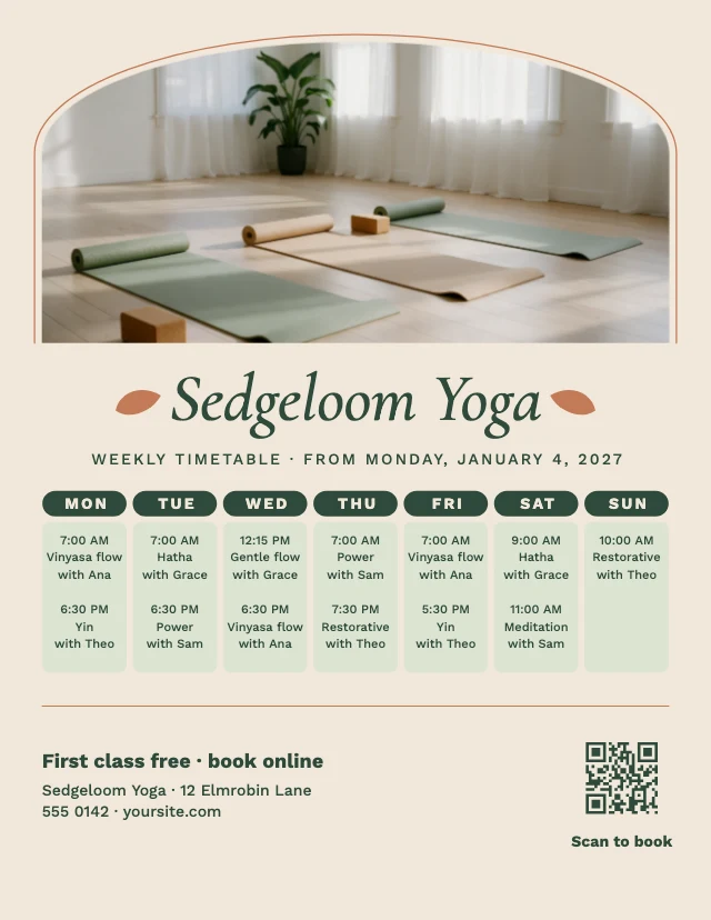 Yoga studio timetable template