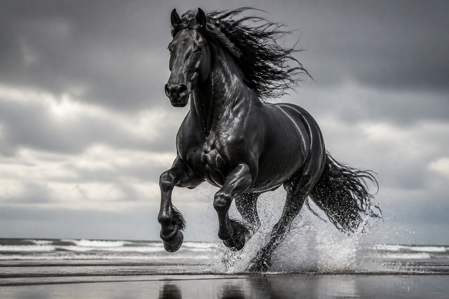 Black stallion on beach