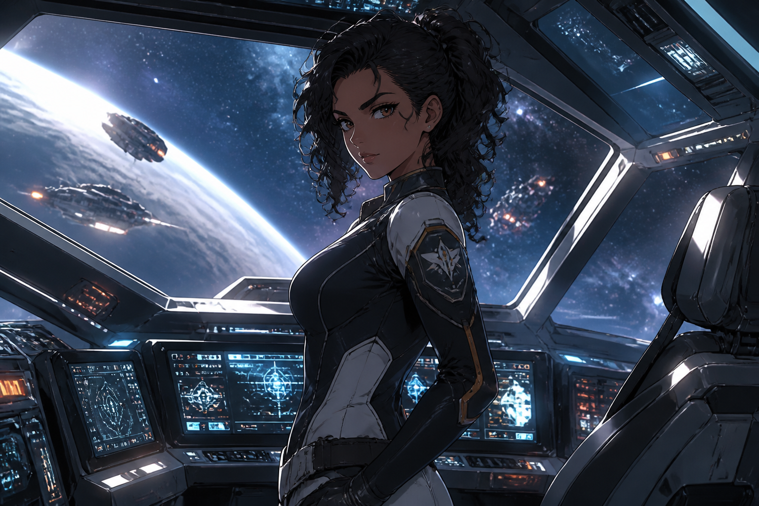 Sci-fi pilot in cockpit
