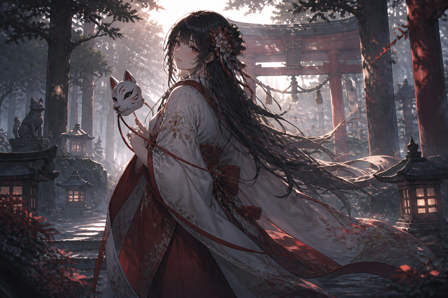 Shrine maiden at dawn