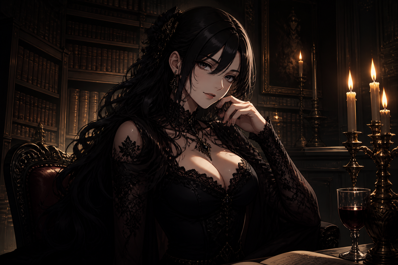 Gothic library fashion scene