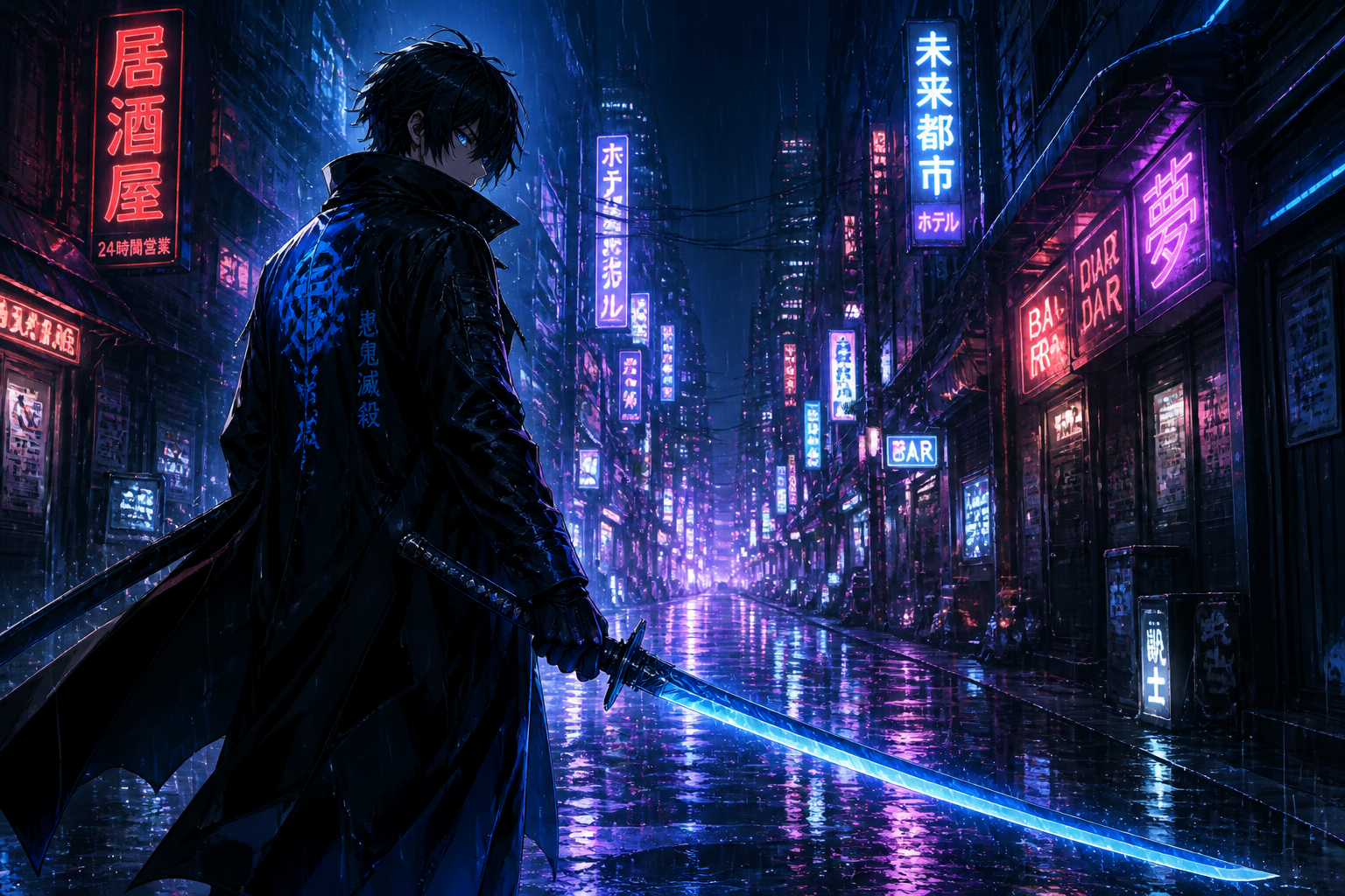 Neon alley swordsman