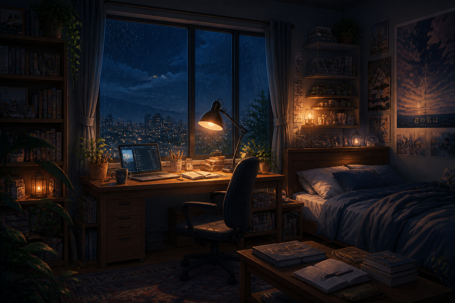 Cozy bedroom night scene