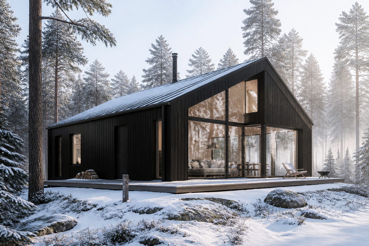 Scandinavian cabin in snow