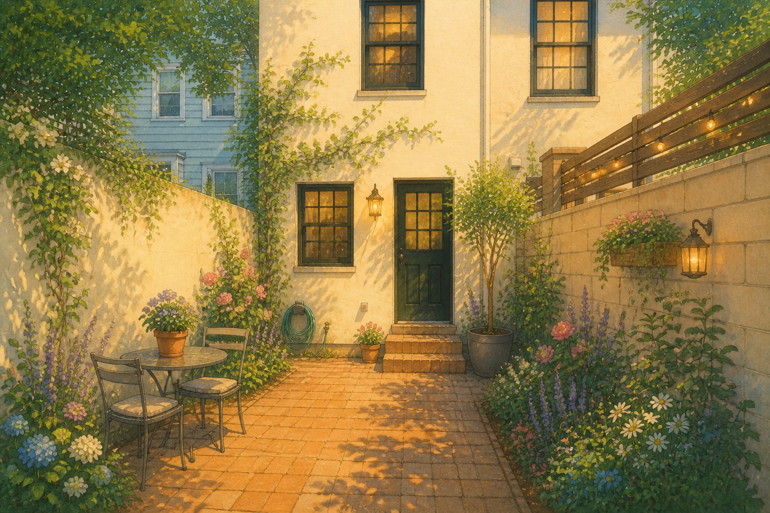 Ghibli watercolor courtyard (after)