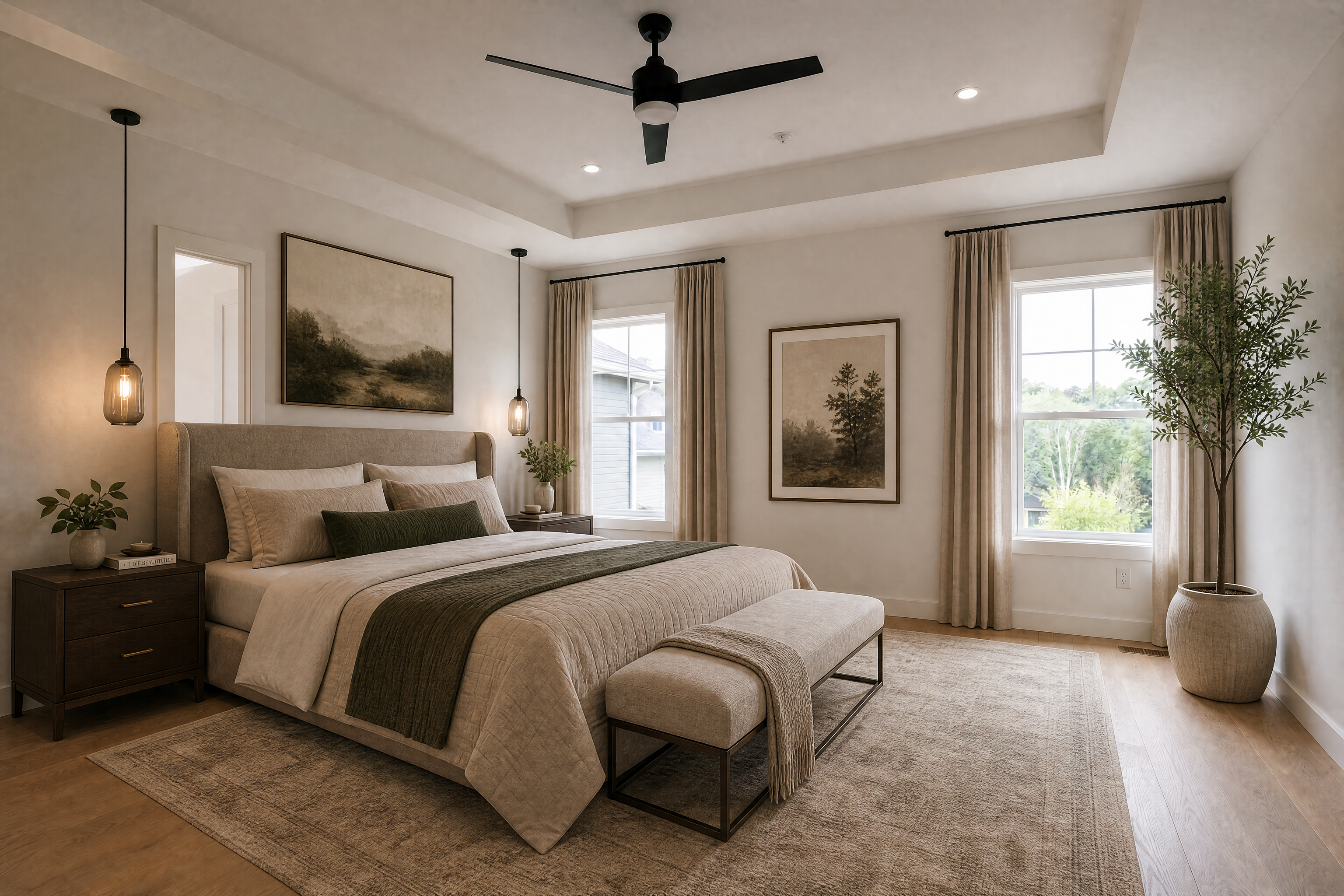 Warm modern luxury bedroom (after)