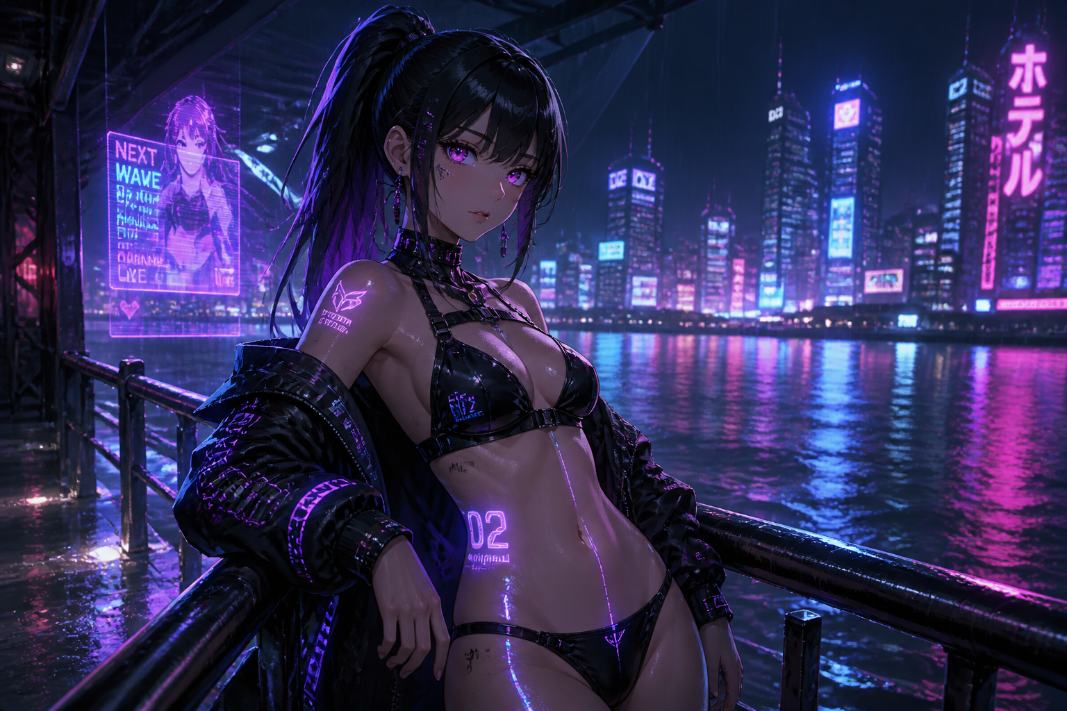 Cyberpunk rainy pier anime girl