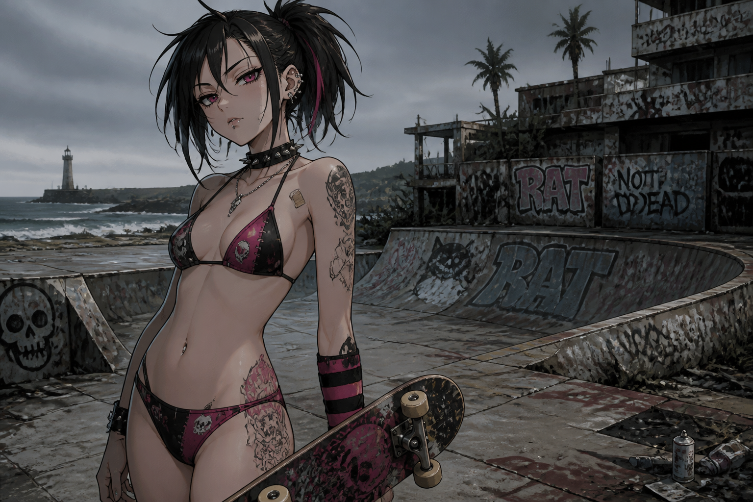Punk skatepark seaside anime girl