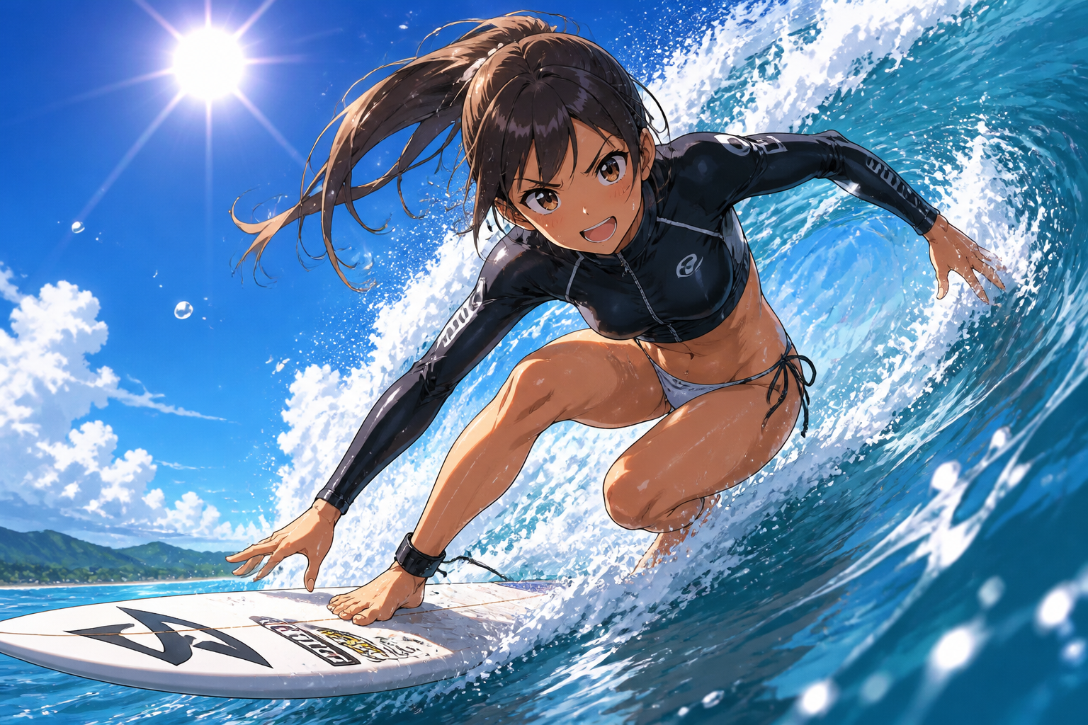 Surfer action wave anime girl