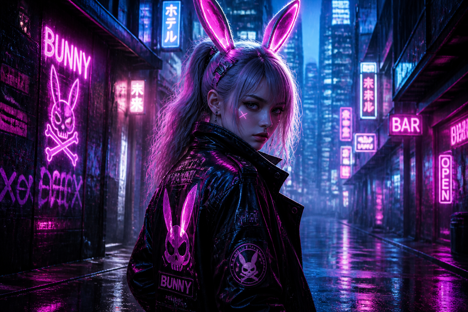 Cyberpunk neon city bunny girl