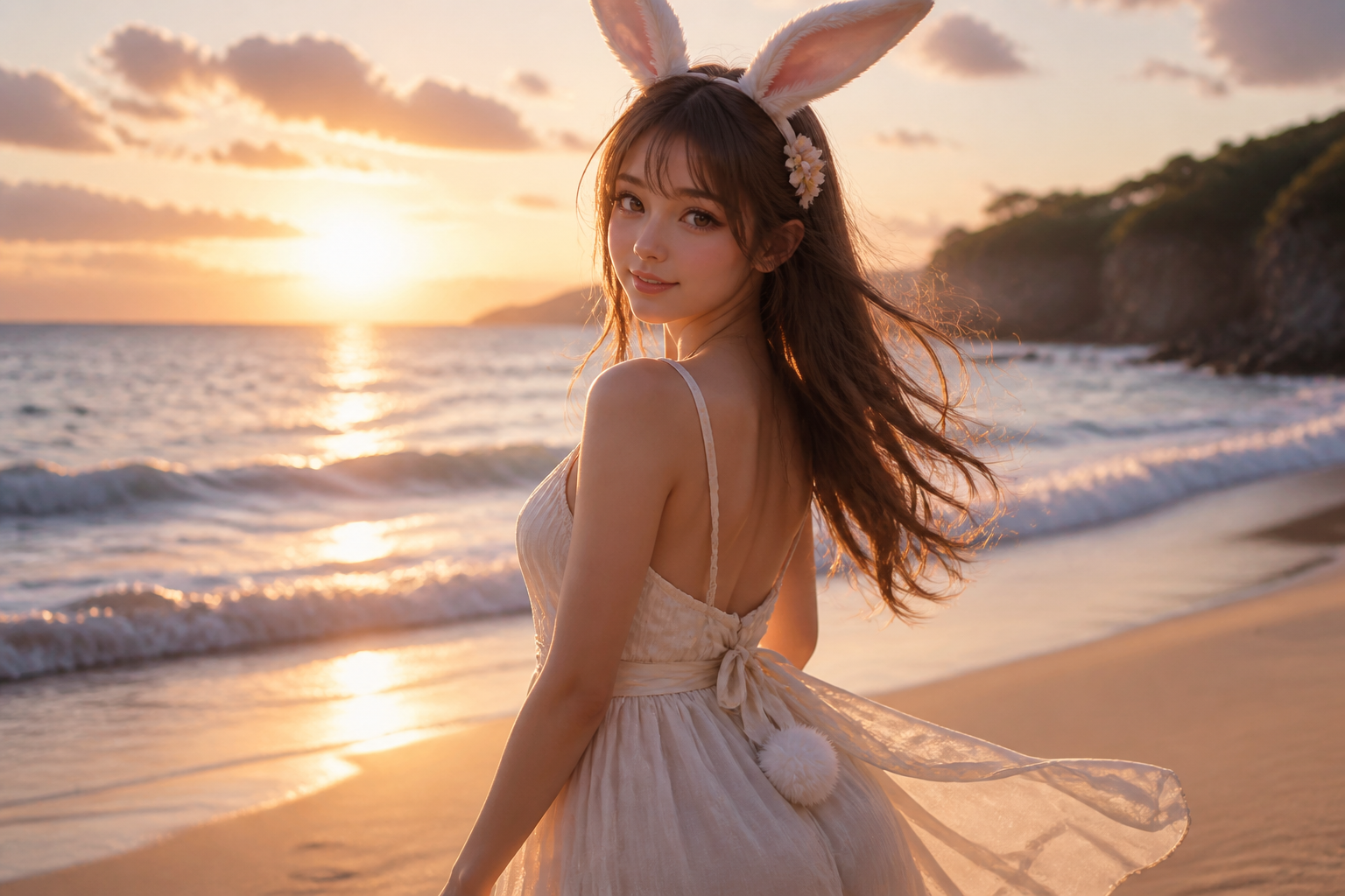 Sunset beach summer bunny girl