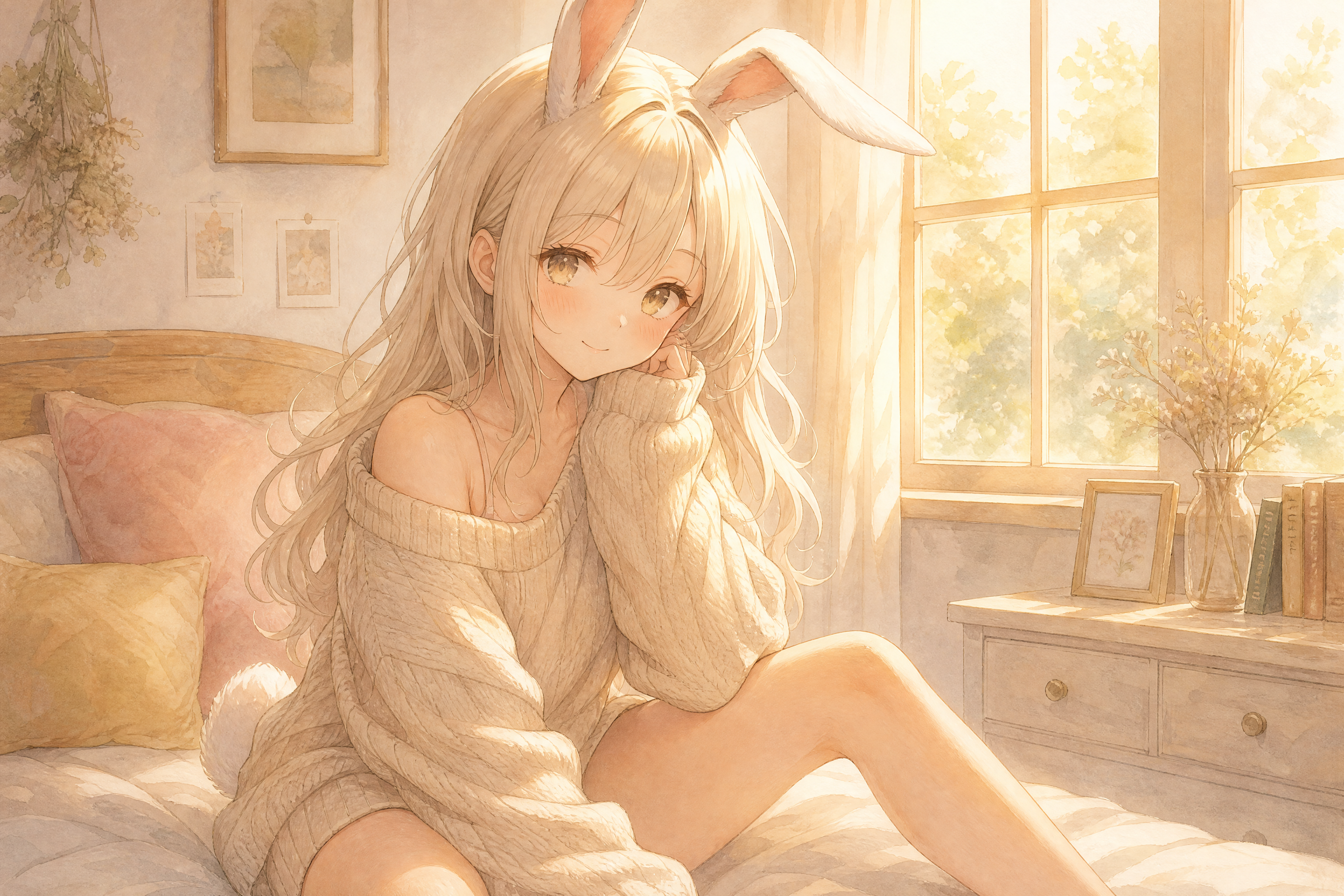 Casual cozy sweater bunny girl golden hour
