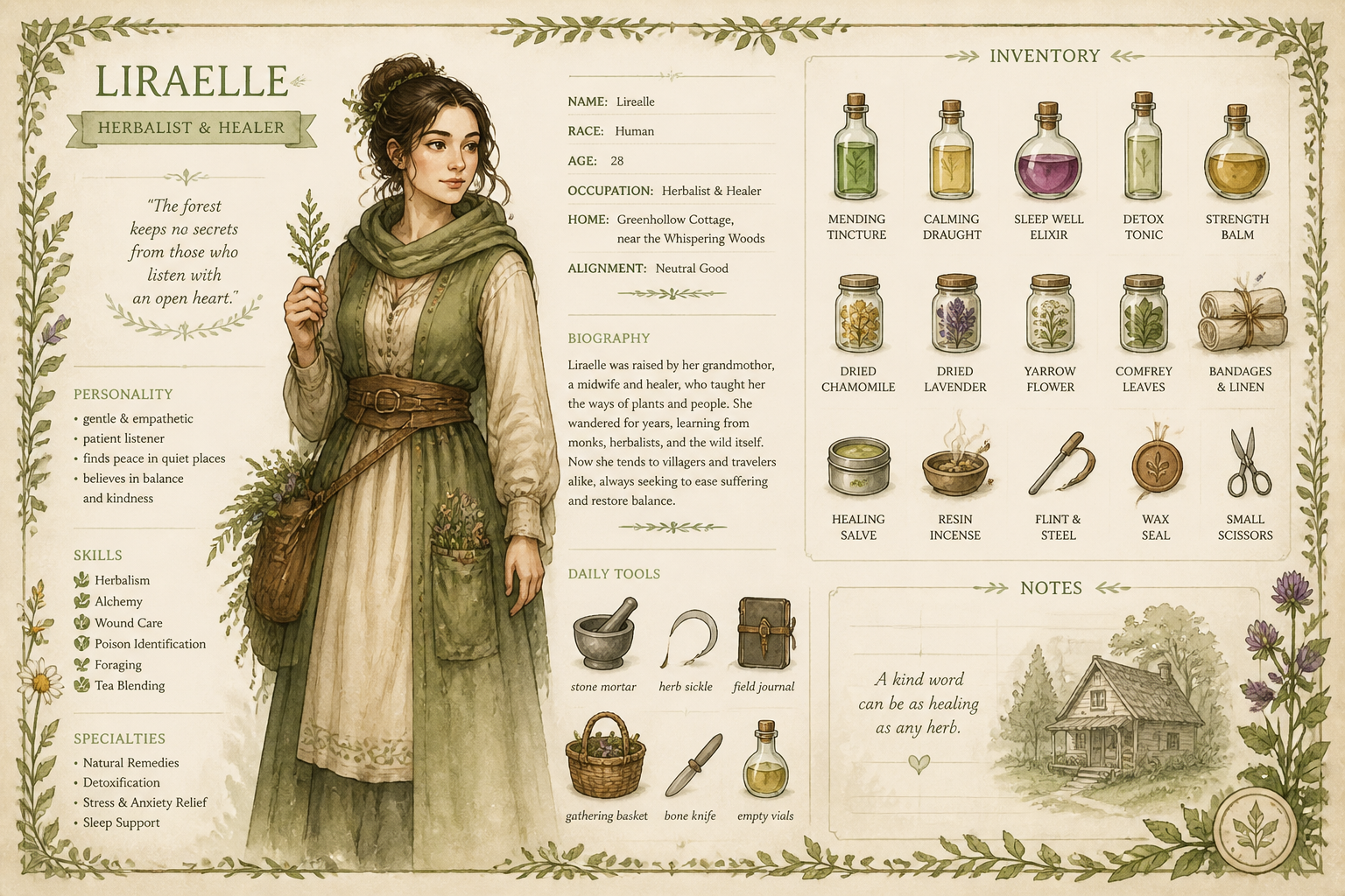Cozy healer character card