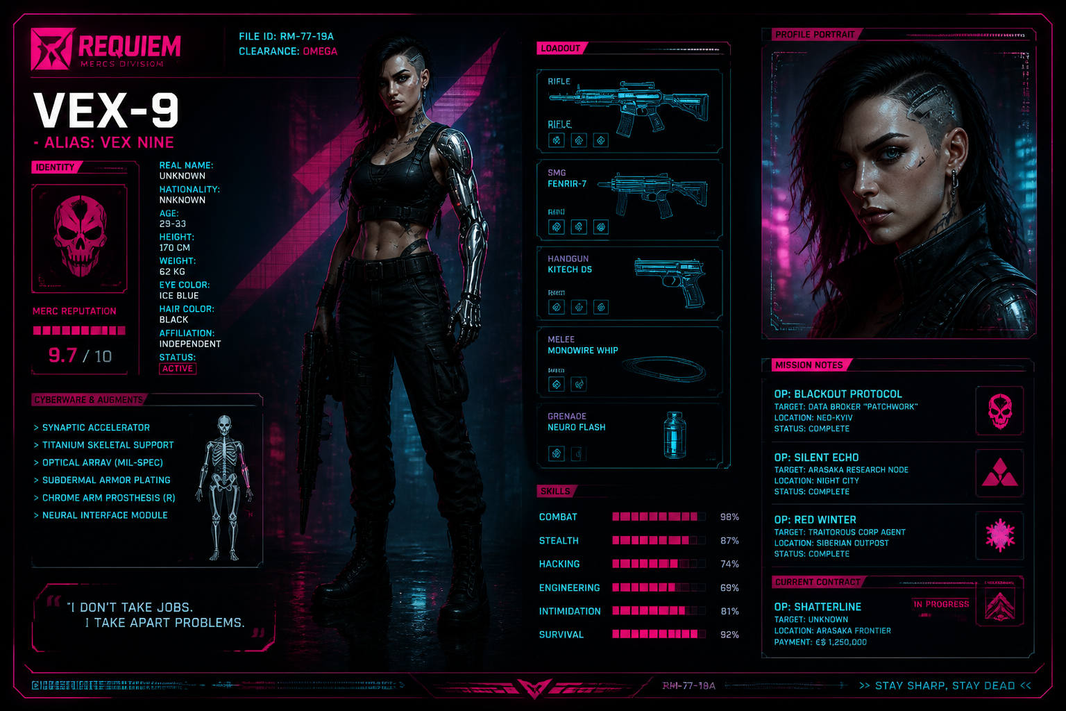 Cyberpunk mercenary dossier