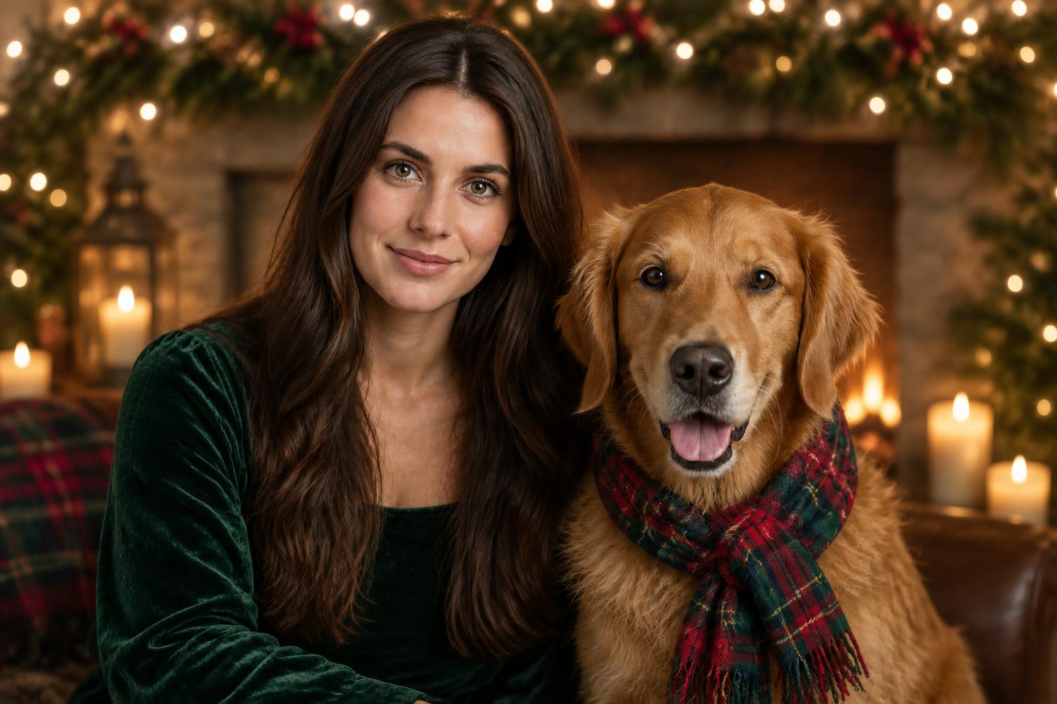 Fireside portrait with a festive dog (after)
