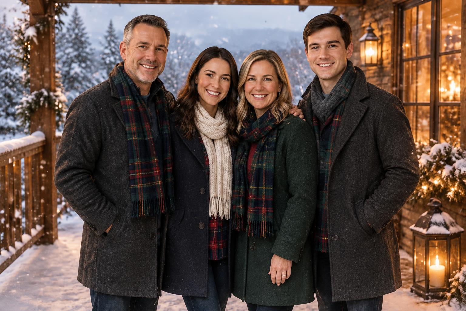Adult family at a snowy cabin (after)