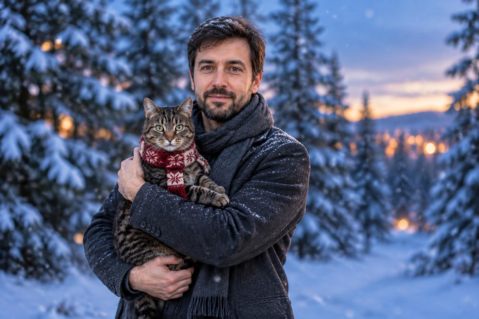 Blue-hour forest portrait with a cat (after)