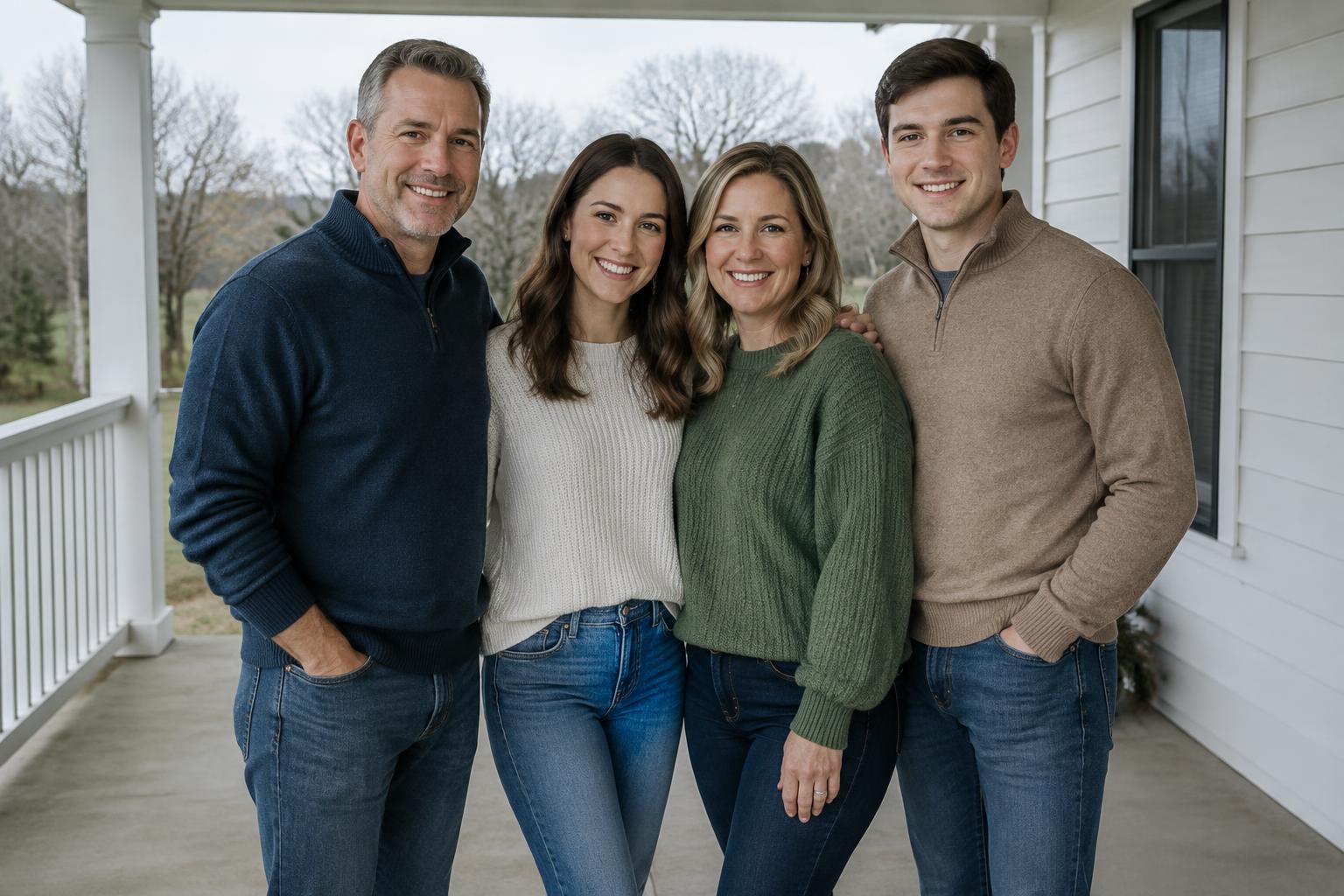 Adult family at a snowy cabin (before)