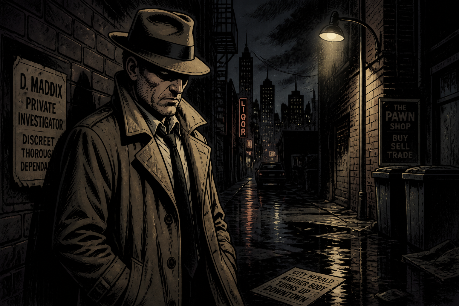 Noir detective alley scene