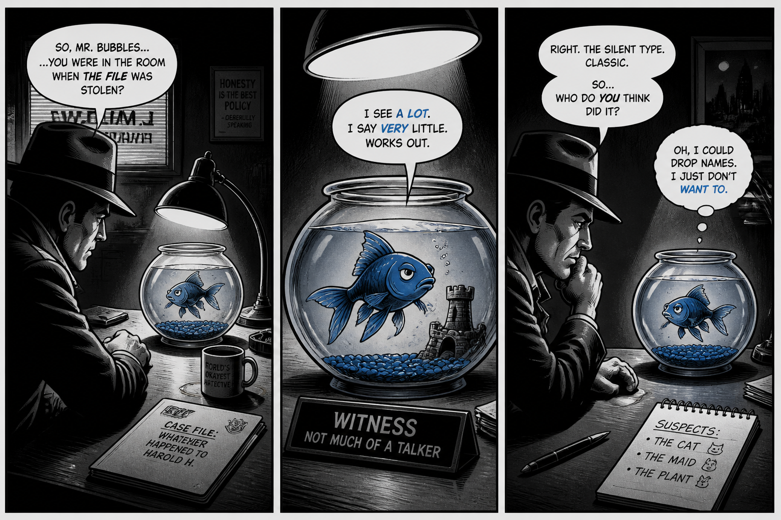 Detective and goldfish witness