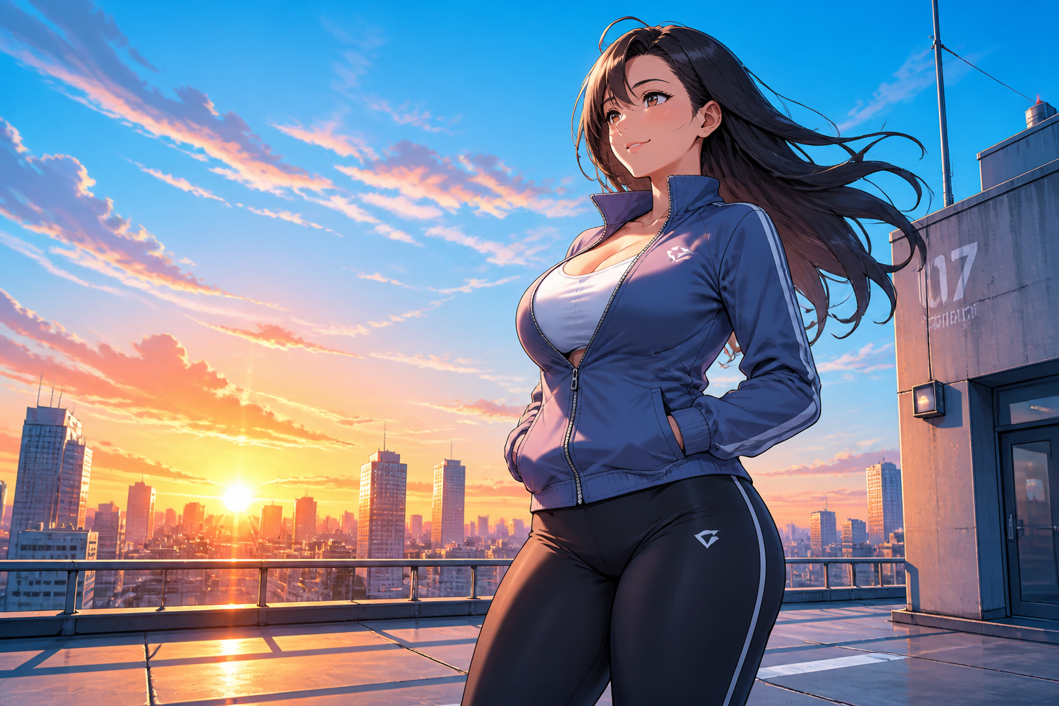 Sporty rooftop sunrise look