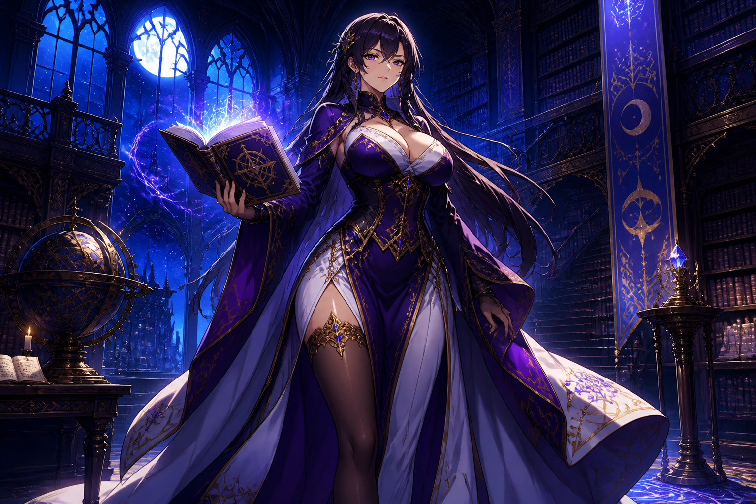 Fantasy mage in moonlit library