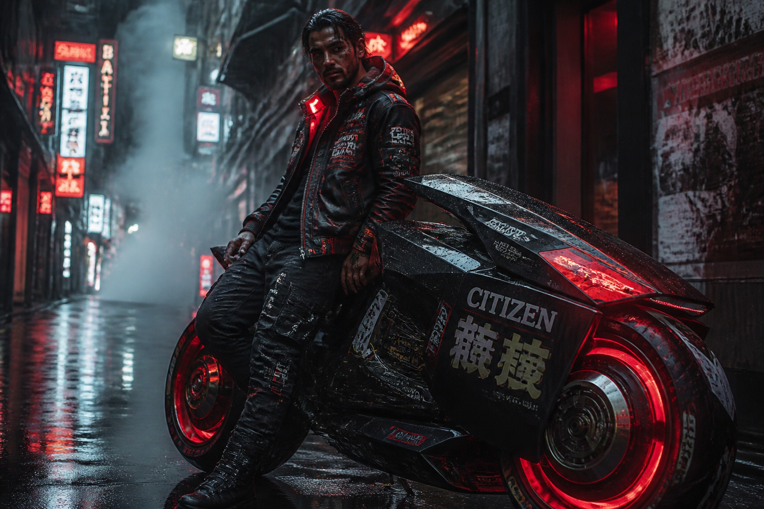 Street racer in rainy alley