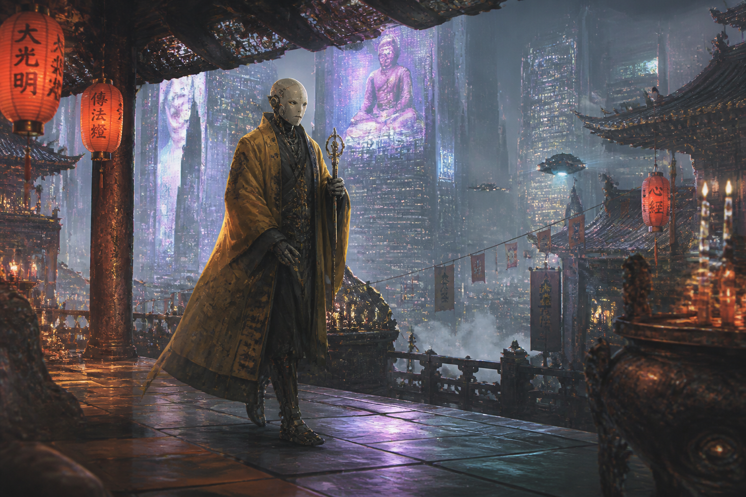 Android monk on rooftop temple