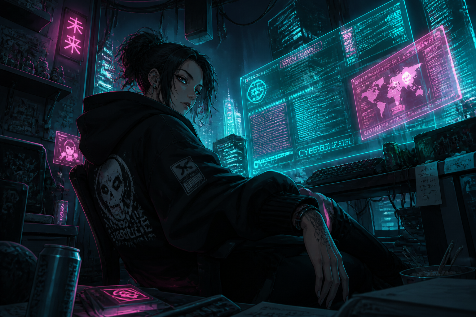 Cyberpunk hacker apartment scene