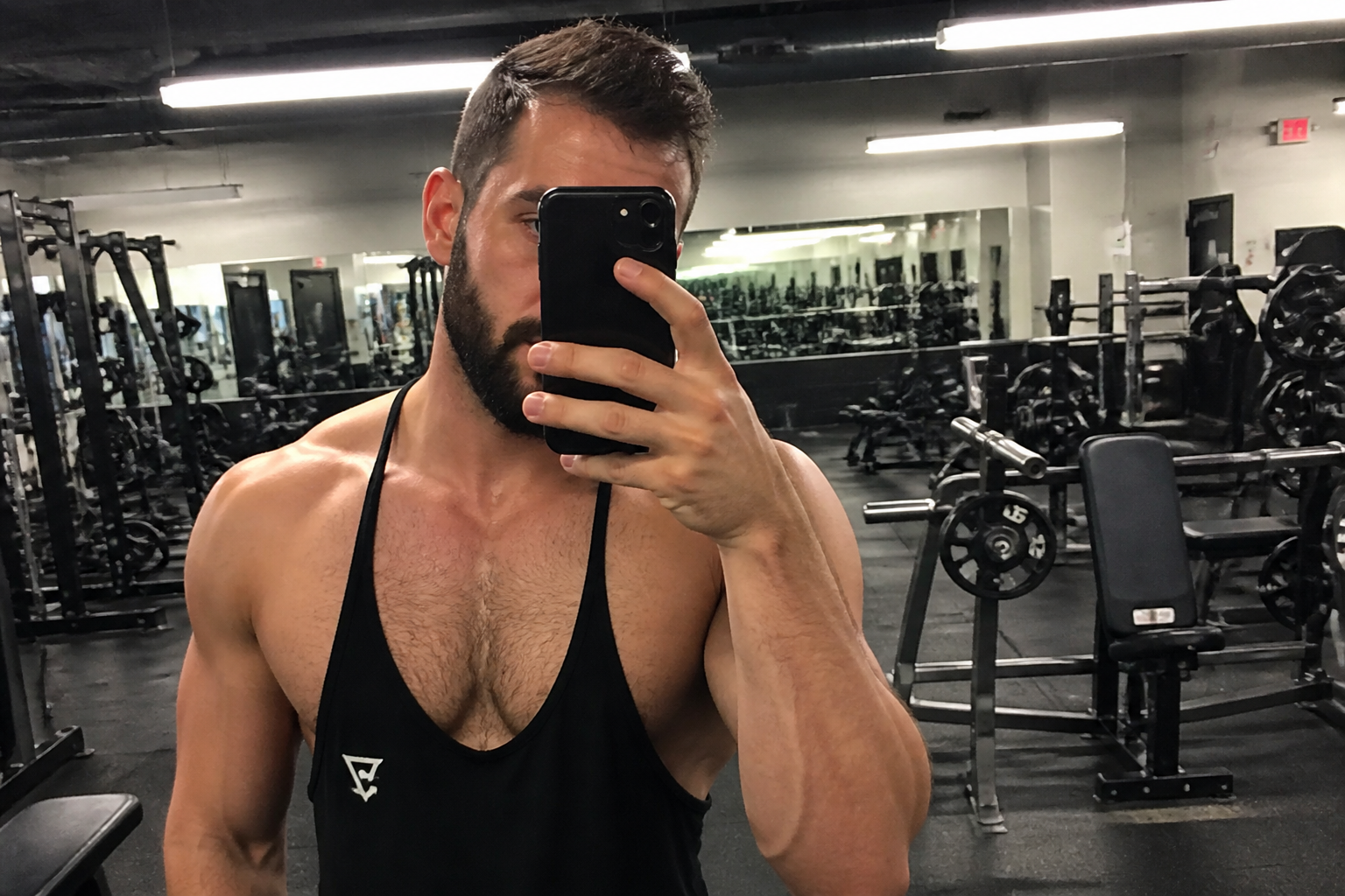 Gym mirror selfie → post-workout outdoor shot (before)