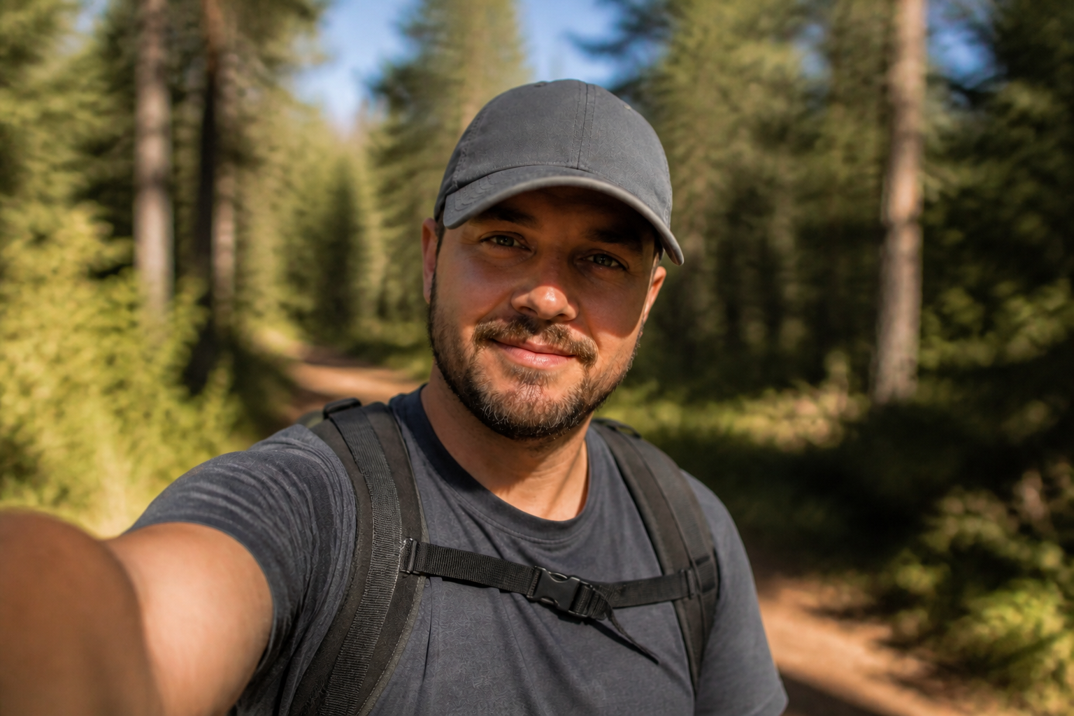 Blurry hiking selfie → clear trail portrait (after)